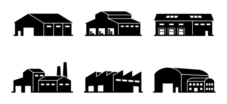 Industrial Building Icons, Factory Silhouettes, Warehouse Graphics, Manufacturing Structures, Commercial Architecture Set, Vector Collection