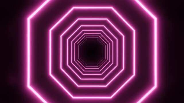 This stunning scene transports viewers into a realm of geometric beauty, featuring interconnected octagonal tunnels glowing brilliantly in electric pink light, creating an immersive visual experience.