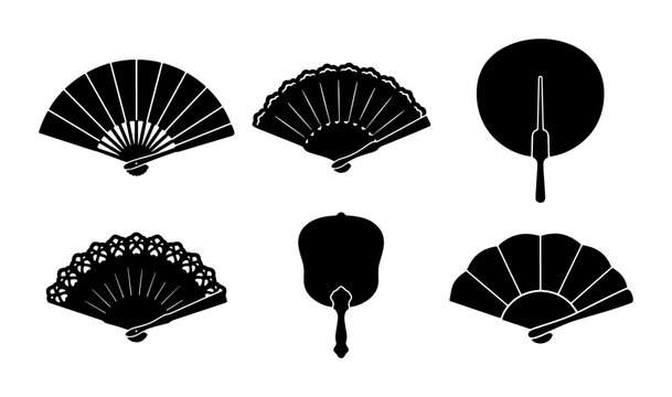 Set of 6 Black Silhouette Folding Fans, Traditional Japanese Handheld Accessories, Elegant Decorative Elements, Vector Graphics for Cultural Design