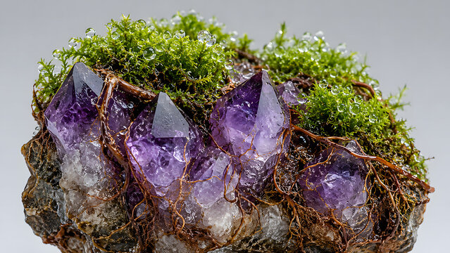 Natural amethyst gemstone points intertwined with fresh green moss and tiny roots, isolated on a clean gray background.