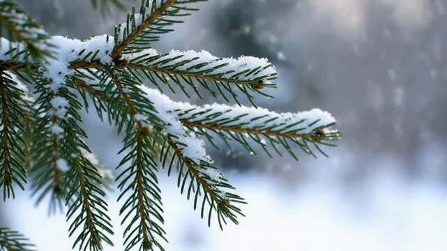Snowy spruce branches in winter calm