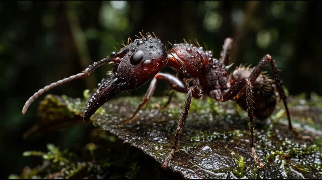 Extreme macro close up of giant trap jaw ant in rainforest environment