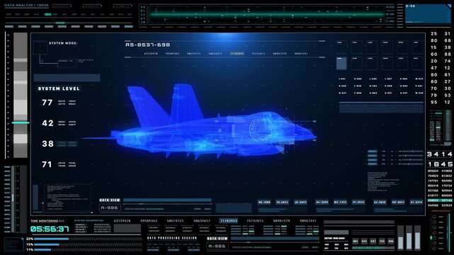 Futuristic Military Jet Wireframe on Tactical Heads-Up Display Interface with Real-Time Flight Metrics and Data Analytics Dashboard