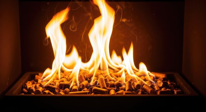 Close up view of bright orange flames dancing over glowing wood pellets inside a modern stove burner for eco-friendly home heating system, energy, texture, bright