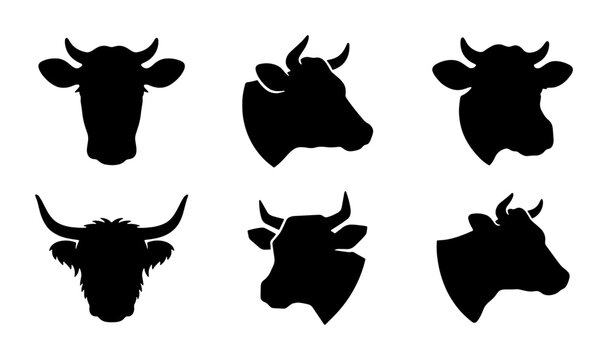Six Black Cow Head Silhouettes, Diverse Cattle Profiles, Farm Animal Icons, Livestock Vector Graphics, Agricultural Branding Elements, Meat Industry Symbols