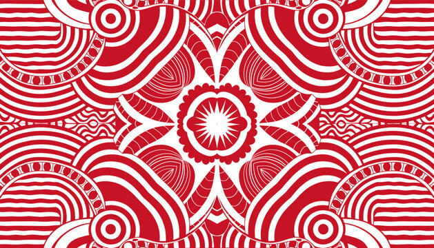 Vibrant red and white symmetrical abstract pattern with intricate lines and concentric shapes, resembling a modern kaleidoscope or mandala design.