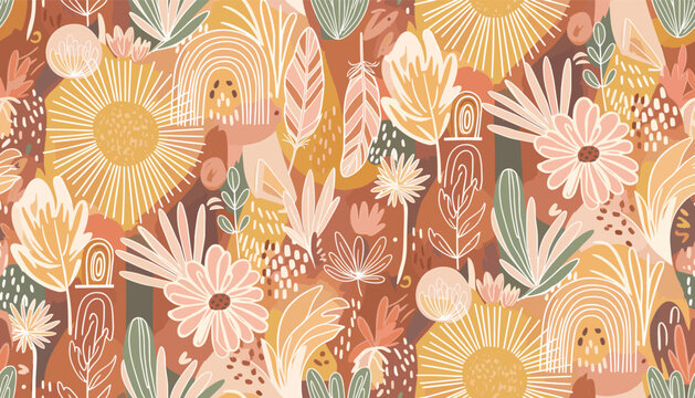 Bohemian-inspired floral and abstract pattern with earthy tones and whimsical motifs.