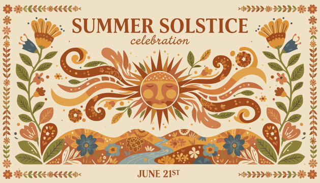 A vibrant folk art illustration celebrating the Summer Solstice on June 21st, featuring a stylized sun, floral patterns, and a serene landscape.
