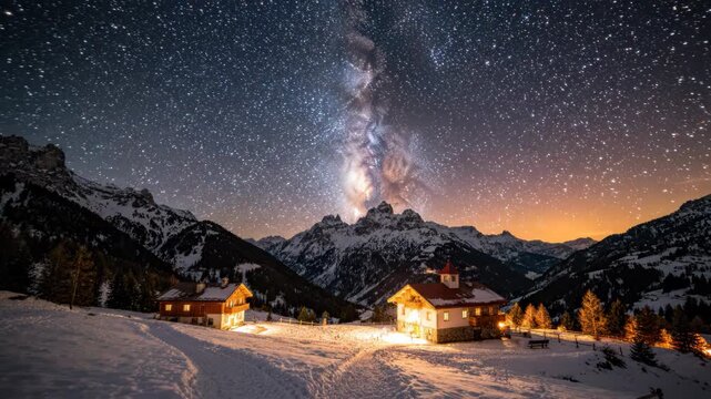 Warmly lit houses in snowy mountain landscape under starry night sky with milky way