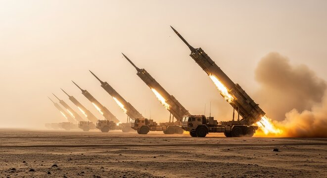 Heavy military trucks launch powerful missiles into a hazy desert sky, creating massive trails of smoke and fire during an intense battle, desert, vehicle, projectile