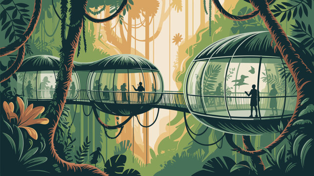 Futuristic eco-lodge, jungle habitat, glass domes, sustainable architecture, tropical forest