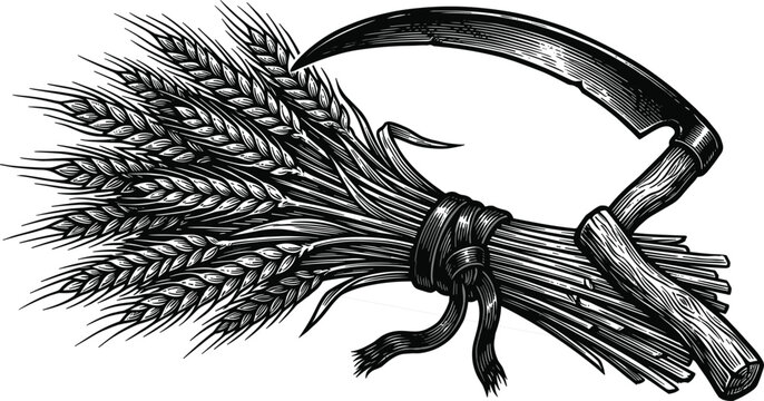 Vintage wheat harvest and sickle vector illustration isolated for agriculture farming and rural themed design projects