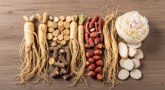 Traditional herbal medicine featuring ginseng, codonopsis, astragalus, and white peony roots arranged closely on a rustic wooden surface, nature, dry, group