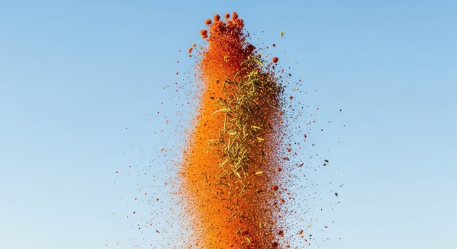 Vibrant mix of aromatic spices exploding into a clear blue sky, capturing colorful textures of turmeric, paprika, and herbs in mid-air, abstract, fresh, bright