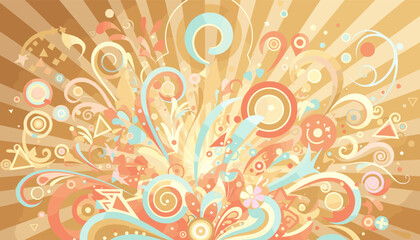 Fototapeta premium A vibrant abstract illustration featuring an explosion of decorative swirls, circles, stars, and floral motifs in warm golden and pastel tones.