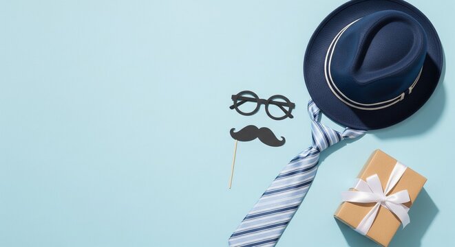 Blue fedora hat with necktie and gift box for fathers day celebration