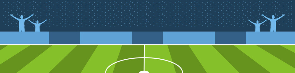 Wide Soccer Stadium Vector Illustration Vector Background Template. Soccer field with green grass and silhouettes of cheering fans in the stadium background. © Febrian