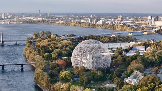 Montreal skyline with Biosphere dome and autumn park on Saint Helen Island, Quebec, Canada at sunset. g.