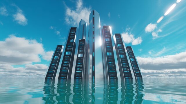 Metallic server skyscrapers with blue data streams &ndash; Great for enterprise software marketing, virtual reality backbones, or futuristic cityscape concepts.