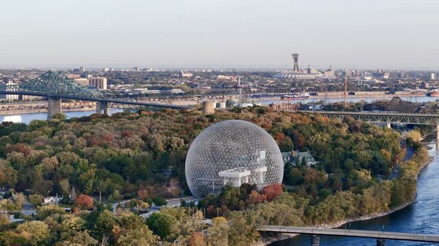 Montreal skyline with Biosphere dome and autumn park on Saint Helen Island, Quebec, Canada at sunset. g.