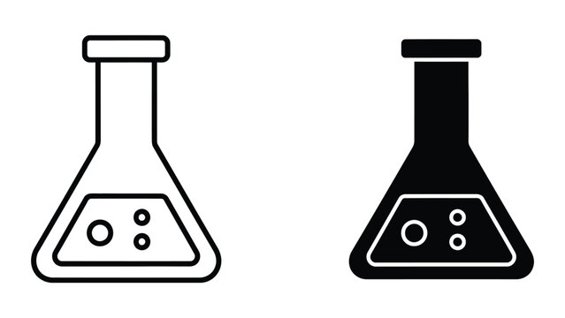 Flat design empty and filled lab flask with liquid droplets icon