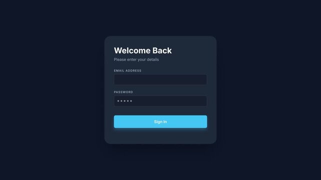 Dark Mode Login Screen with Welcome Back Message and Input Fields.
