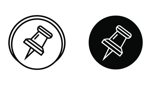 Minimalist push pin icon in black and white circular badge
