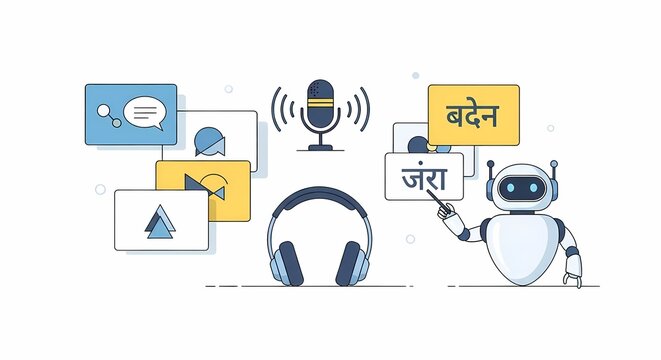 AI robot teaching language with speech recognition and media content, demonstrating machine learning for linguistic tasks and digital communication.
