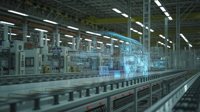Industrial digital twin factory with synchronized virtual simulation and real time operational analytics representing smart manufacturing technology