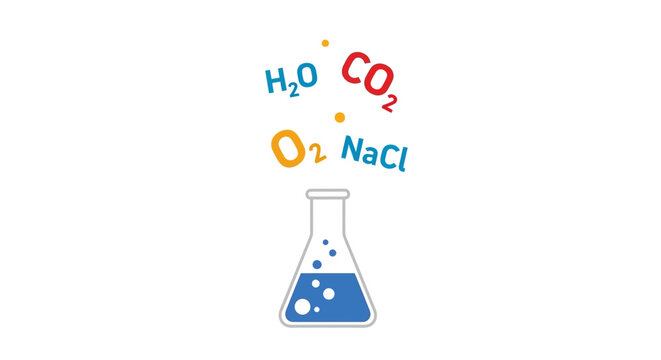 Chemist mixes substances in a laboratory beaker with chemical formulas around