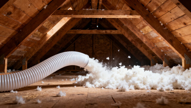 Attic insulation installation with blown-in cellulose material being funneled through a hose into the roof space