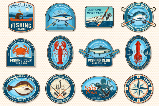 Vintage Fishing Patch Bundle with Retro Nautical Badges and Marine Adventure Stickers. Retro marine sticker pack vector set for apparel, branding and sport fishing design.
