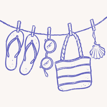 Hand Drawn Summer Beach Accessories Hanging on Clothesline Vector Illustration