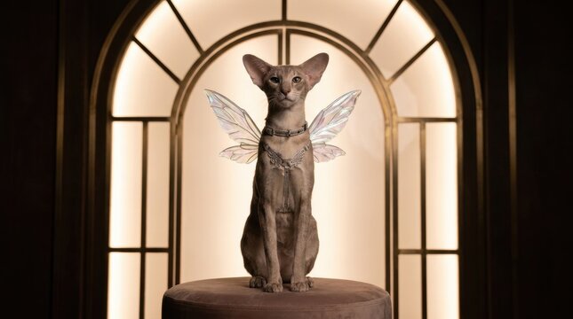 Cat with wings posed on a round velvet pedestal before a glowing art deco window, elegant slender feline wearing iridescent fairy costume, symmetrical fantasy portrait with cinematic warm light