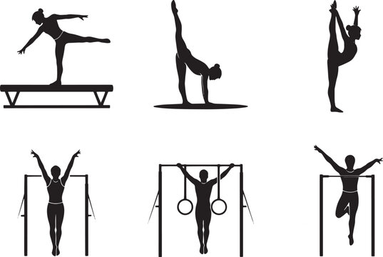 Several gymnasts perform various skills on different apparatus. A female gymnast balances on a balance beam, while another performs a handspring on the floor.