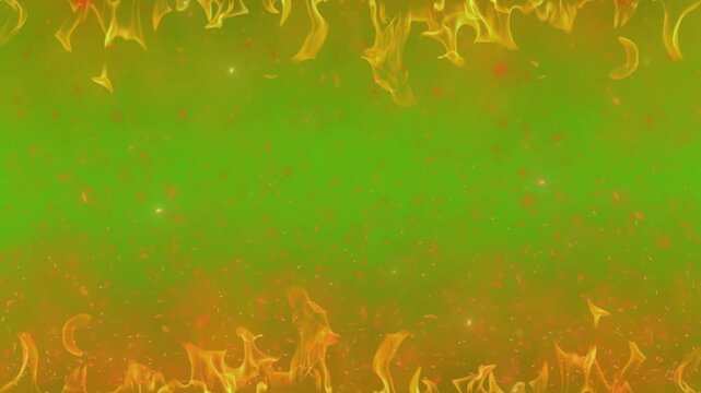 Vibrant green background with dynamic orange flames burning at the bottom and top edges creating a fiery texture