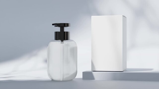 Shampoo pump bottle and paper box on clean background, luxury cosmetic product promo video, skincare lotion packaging mockup video, 4K cosmetology packaging render