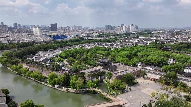 Aerial View of Suzhou Canal District and City Skyline in China in Suzhou, China