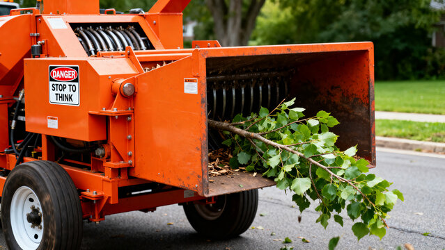 Powerful industrial wood chipper machine actively processing fresh tree branches, transforming foliage into organic chips for landscaping and clearing projects