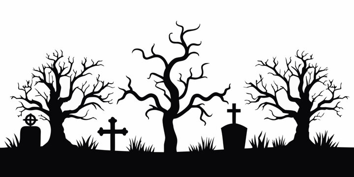 graveyard silhouette with bare trees and tombstones isolated on white