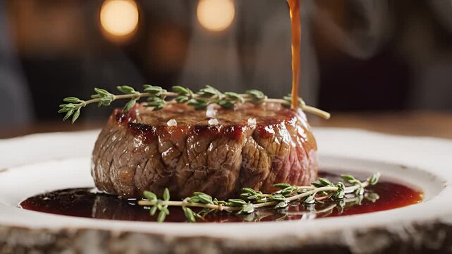 Gourmet Beef Steak Plated with Rich Sauce and Fresh Herbs.
