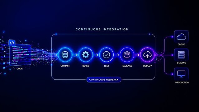 Continuous integration and deployment process with code commit build test package deploy  DevOps software development lifecycle