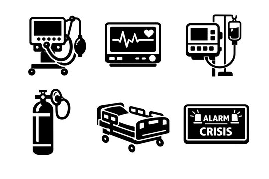 Critical care medical equipment icons depicting hospital emergency, intensive care unit, and life support technology
