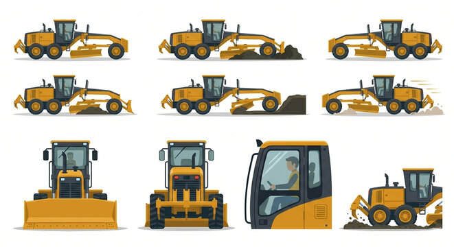 Generic Motor Grader Road Construction Machine Vector Illustration Set