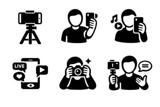 Content creation, vlogging, and social media activities with people capturing moments and live streaming icons