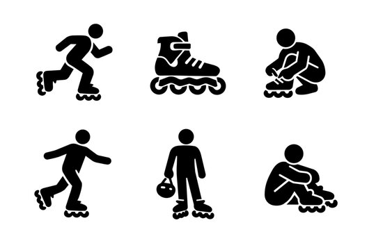 People practicing inline skating, a fun activity and active lifestyle, with various rollerblading pose icons and a detailed skate