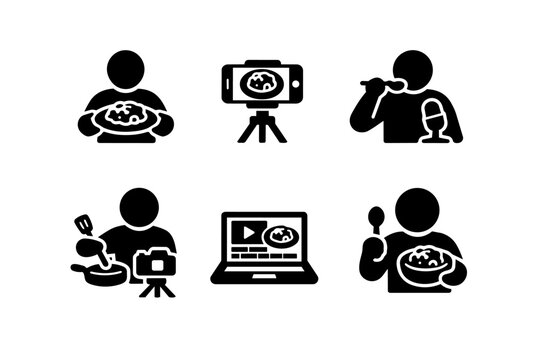 Content creator icons set showing online cooking, eating, mukbang, and asmr videos for social media channels