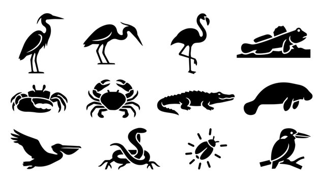 Wetland and Mangrove Wildlife Silhouette Icons Set