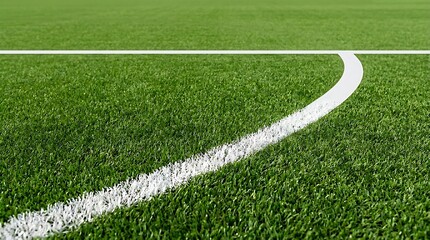 Fototapeta premium Close-up of green artificial turf with white painted lines on a sports field.