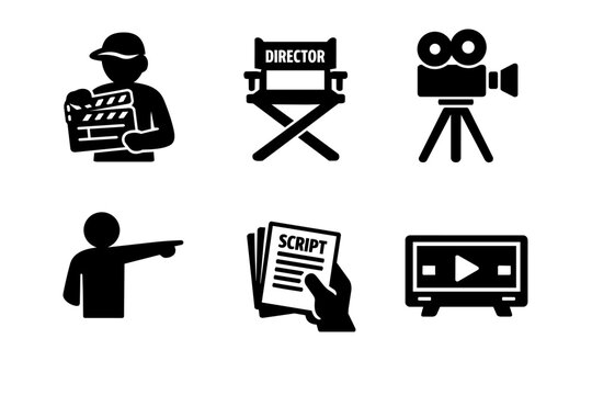 Film production and cinema glyph icons set creating content for video, movie, and digital media
